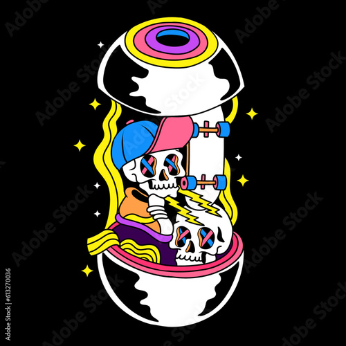 90s groovy skeleton hip hop with eye ball and skateboard element