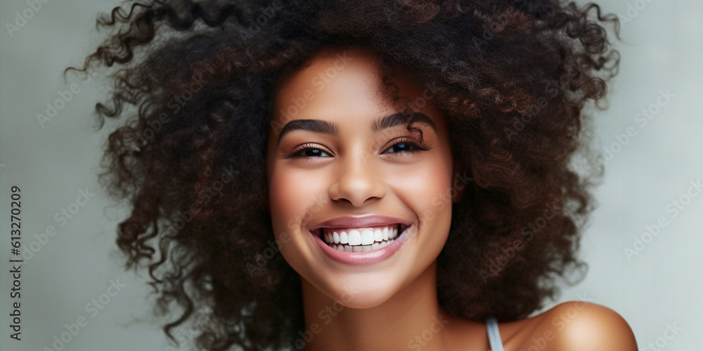 Hübsche Afroamerikanische Frau mit weißen gepflegten Zähnen lacht ai, generativ Hübsche Afroamerikanische Frau mit weißen gepflegten Zähnen lacht ai, generativ