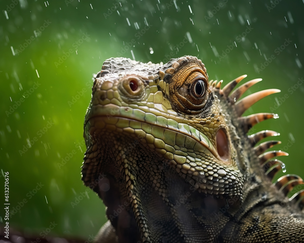 Wild American Green iguana on a rainny day background. Amazing Wildlife. Generative Ai Wild American Green iguana on a rainny day background. Amazing Wildlife. Generative Ai