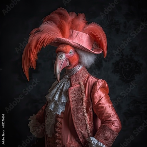 A Majestic Feathered Flamingo in an Antique Costume, an Elegant Aristocrat Against a Dark Baroque Background. Generative AI
