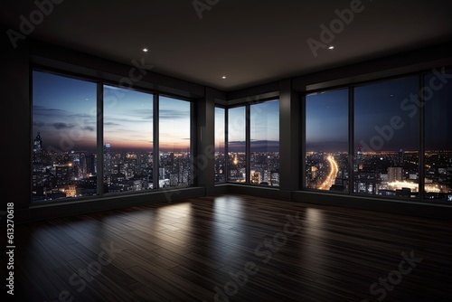 A Room with a View: An Elegant Empty Home in the City at Night, Generative AI