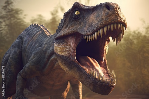 Gigantic Tyrannosaurus Rex Ready to Attack! 3D Illustration of Cretaceous Carnivore About to Bite: Generative AI