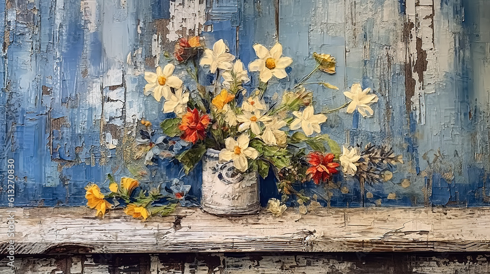 Flower arrangement on an old wooden background with shabby and cracked