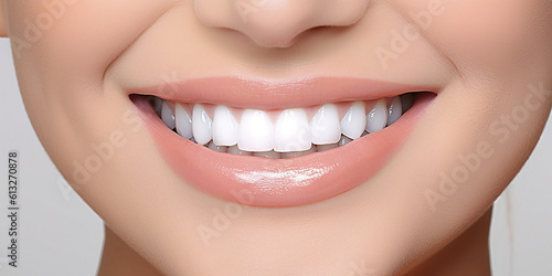 Weiße strahlende Zähne mit lachenden Mund als Nahaufnahme, ai, generativ