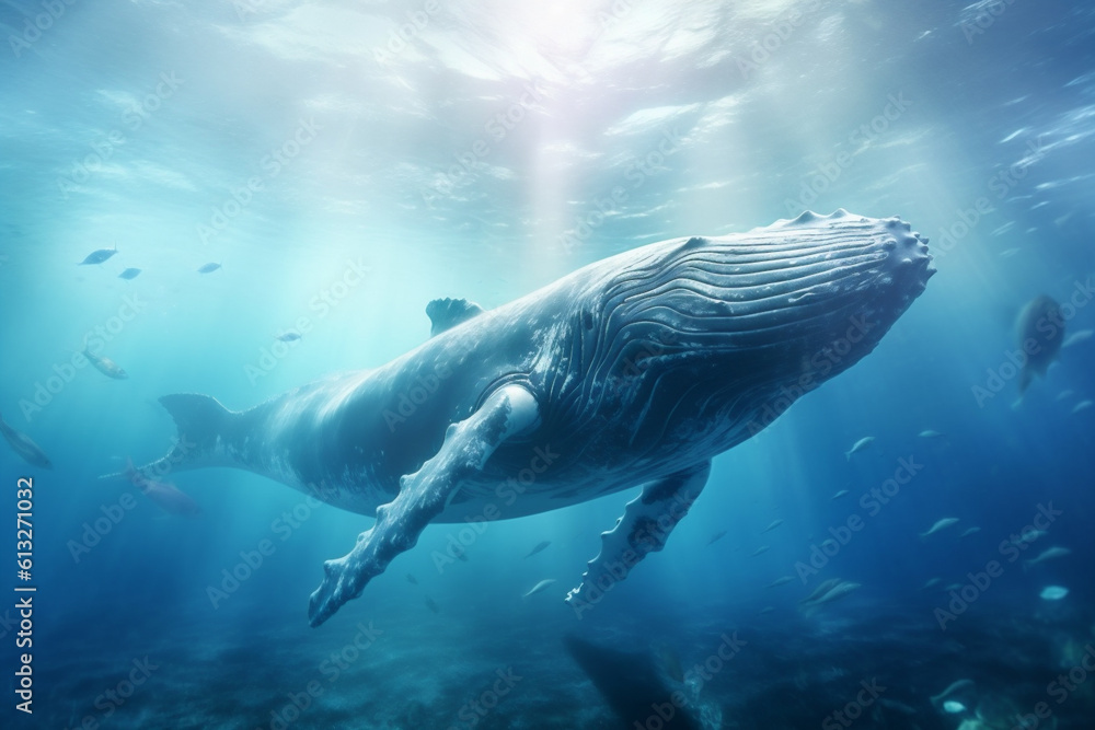 Obraz premium Humpback Whale Plays Near the Surface in Blue Water. AI Generative