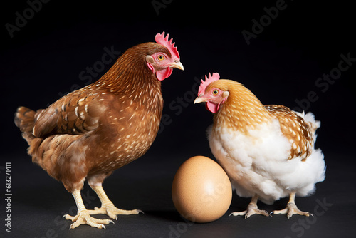 Two young hens stand next to the egg.