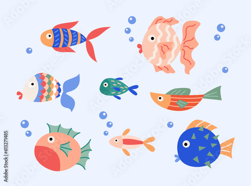 Set of cartoon cute fish in flat style. Vector design elements aquarium marine doodle colored fish