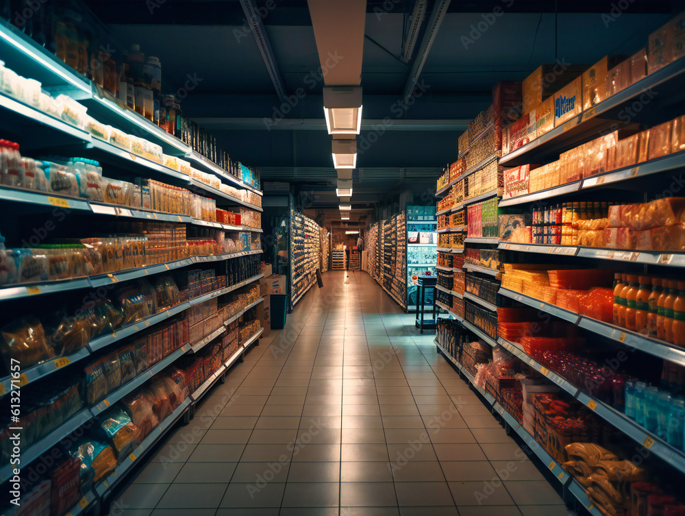 aisle of products in a large supermarket kitchen