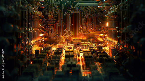 circuit board , electronic component branches, futuristic technology processing background, Electronic circuit board with electronic components such as chips close up illustration, generative ai
