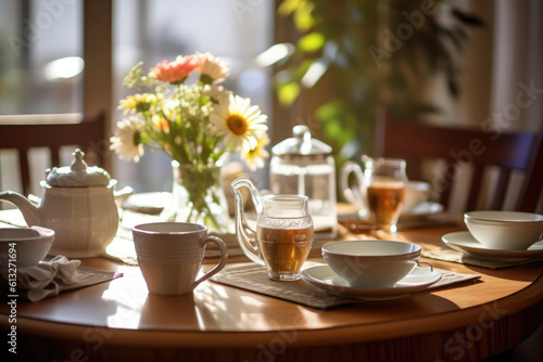 Breakfast table setting with pastry and tea © dvoevnore