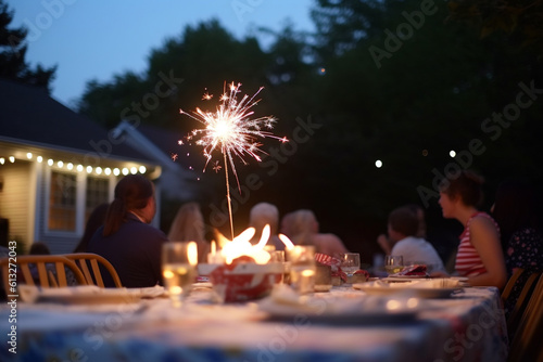 Holidays concept. People celebrating 4th of July, Independence Day in USA. A lot of people, warm summer evening, table, garlands, fireworks, bokeh and blurry people background. Generative AI