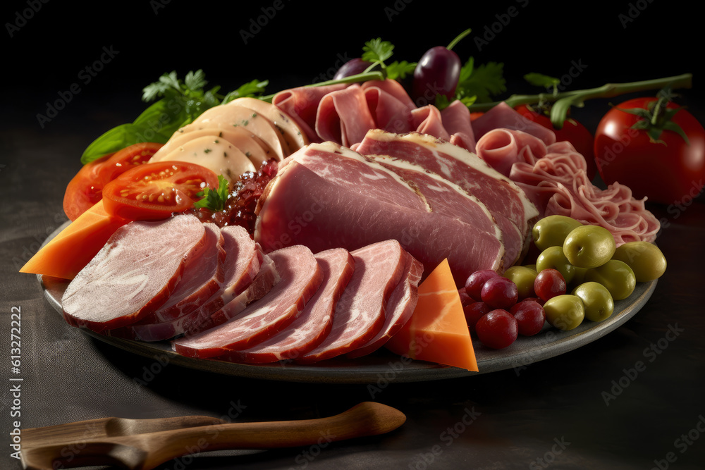 Meat cuts from different varieties of sausage and ham with vegetables and herbs, AI Generated