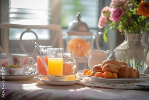 Breakfast table setting with pastry and tea © dvoevnore