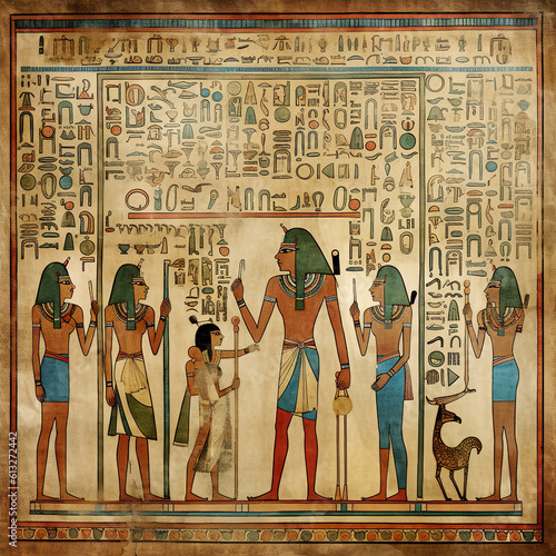 ancient egyptian papyrus with egyptian symbols, ancient egyptian papyrus, hieroglyphics, parchment, generative ai