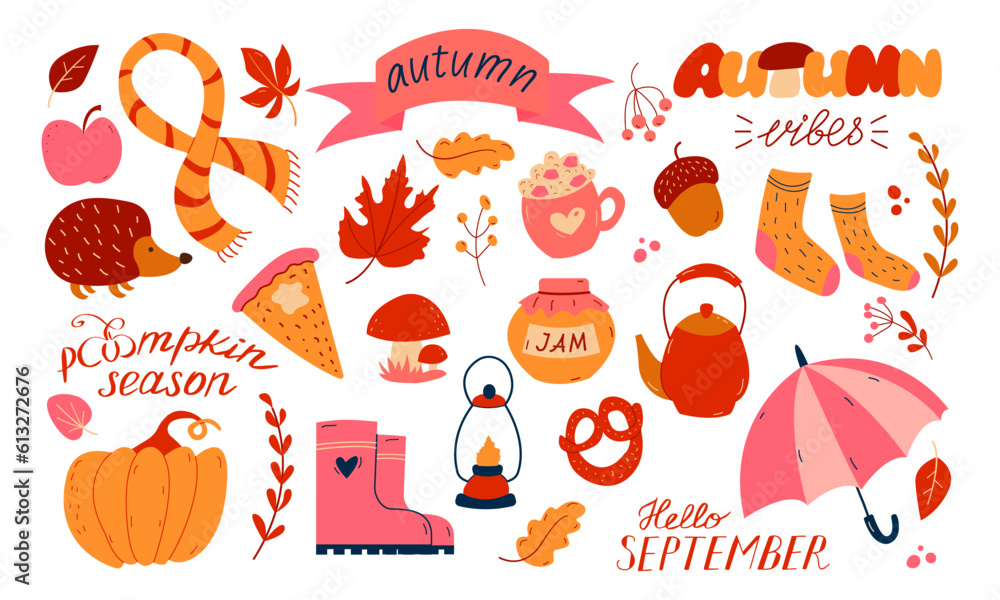 Fototapeta premium Autumn set, hand drawn elements- calligraphy, fall leaves, umbrella, pumpkin.
