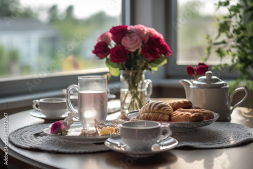 Breakfast table setting with pastry and tea