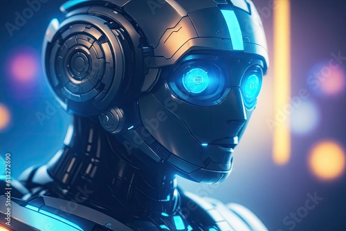 Portrait of AI robot on blue futuristic background ai generative
