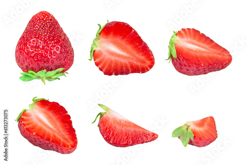 strawberries, ripe strawberries are cut into different pieces isolated from the background