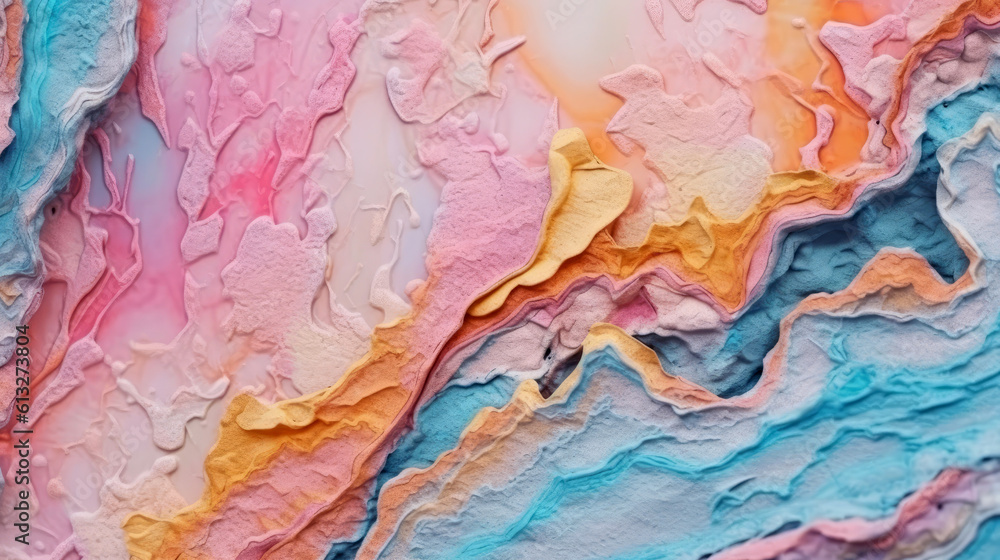 Abstract pastel shabby cliff texture background, colorful surface of stone of mountain with cracks and holes, multi colored of cloud, backdrop for mock up, with Generative Ai.