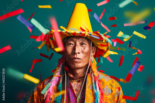 Native peruvian indigenous man in traditional dress on colorful confetti background. Generative AI illustration photo