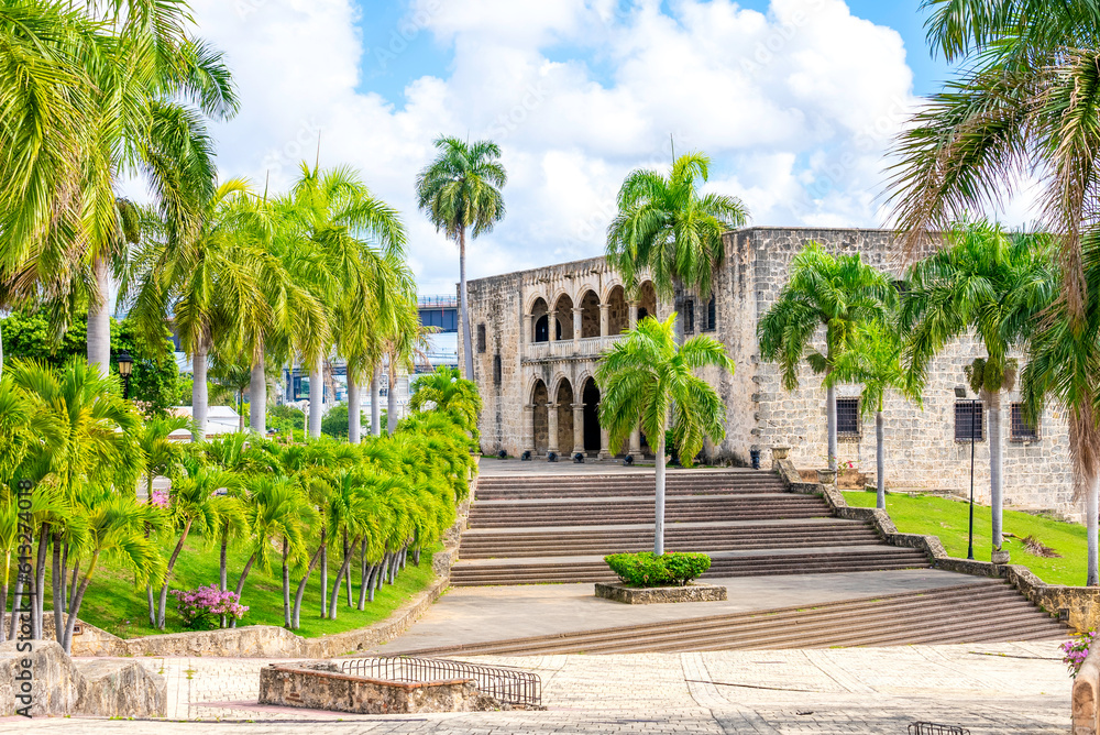 Side view of stairs to Alcazar de Colon in colonial city of Santo Domingo. Here was born Diego, the son of Christopher Columbus. Museum on the Plaza de la Hispanidad or Spain