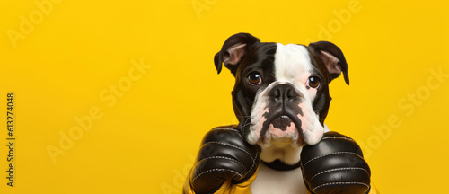 Bulldog in boxing gloves on a yellow background. AI generation © Daria17