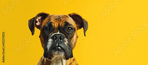 Boxer dog breed on a yellow background. Banner, place for text. AI generation
