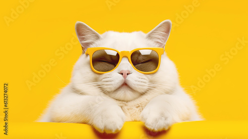 White fat cat with glasses on a yellow background. Banner, copy space. AI generation