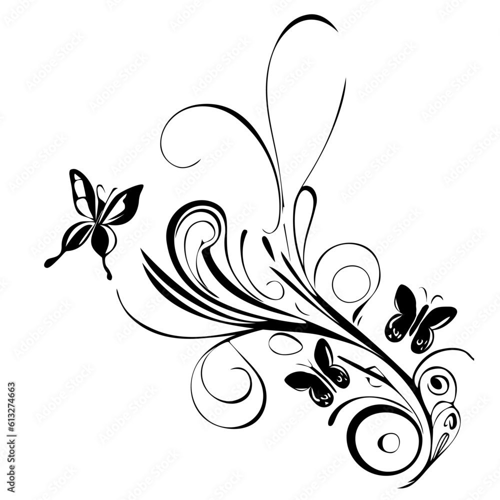 Decorative floral background with swirly lines and butterflies vector illustration