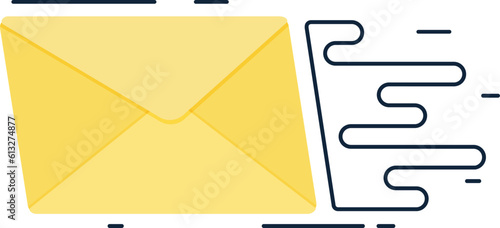 The letter quickly flies to its recipient. Flat style. The letter is paper and the lines are blue. 