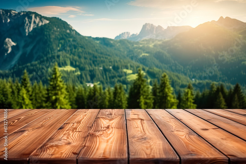 Wooden table with mountain views background in the sun. Generative AI