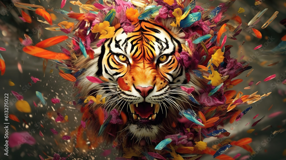 a majestic roaring indian tiger wallpaper, beautiful color background, ai generated image