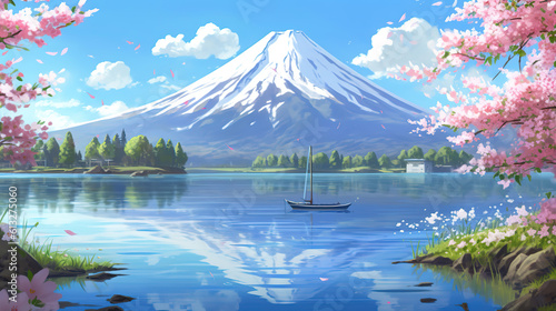 a peaceful wallpaper illustration of the mount fuji at a lake with a small boat and cherry trees, ai generated image