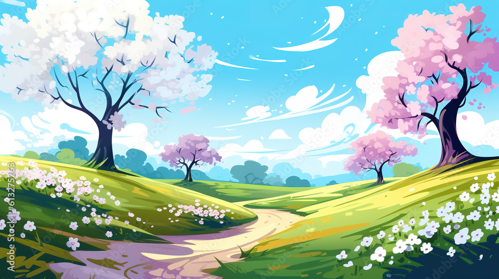 a place of freedom and peace in an asian cartoon style with cherry trees, ai generated image