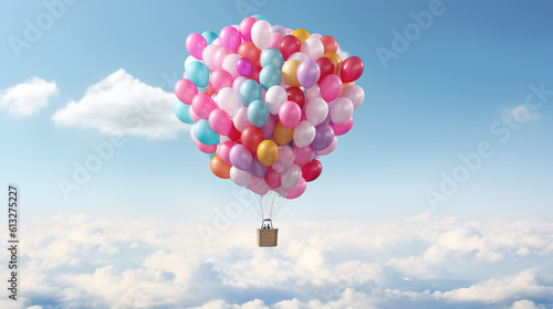 a hot air balloon made out completely of balloons, birthday gift card, ai generated image