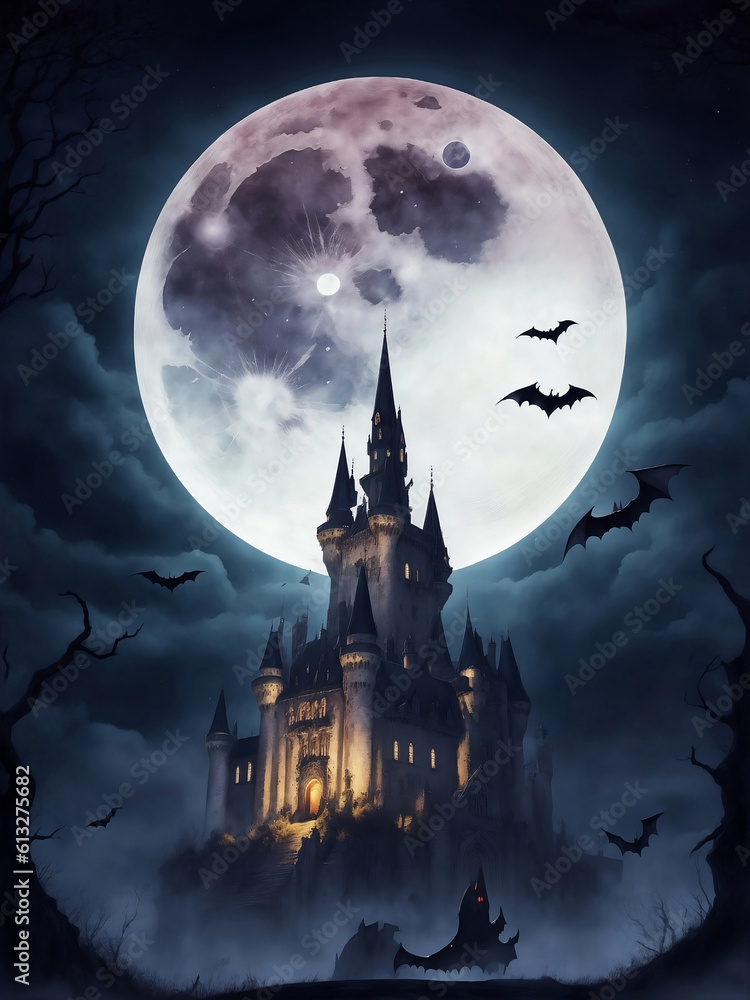 Black horror castle and large moonlight, Generative AI Illustration.