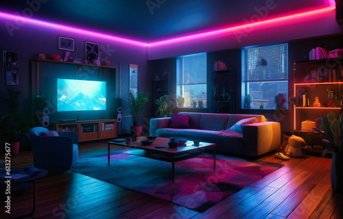 a living room with pink, purple and green lights