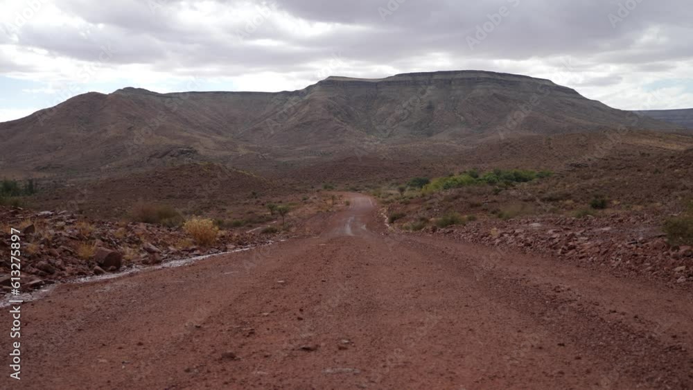 Typical namibian gravel road in namib desert. Sandy and rocky landscape, nobody. Wildlife, mountains. Nature in Namibia, Africa. High quality 4k footage Typical namibian gravel road in namib desert. Sandy and rocky landscape, nobody. Wildlife, mountains. Nature in Namibia, Africa. High quality 4k footage