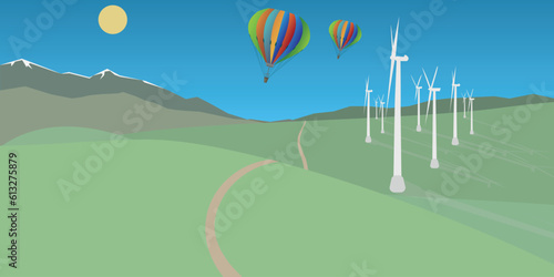 The landscape or the eco park concept with mountains trees air ballons and windmills 