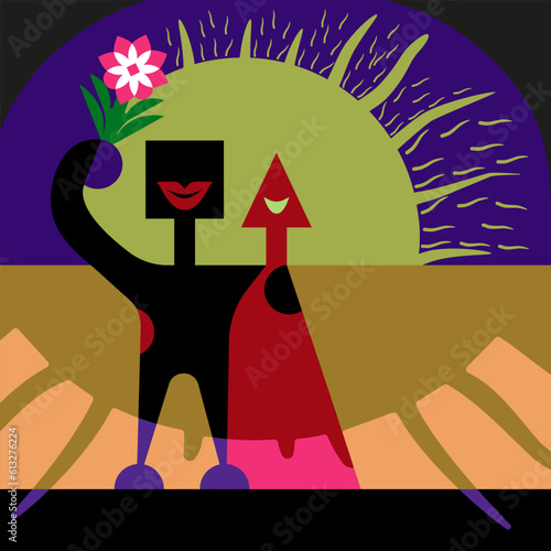 Abstract vector illustration of love, friendship. Life together,happy relationship, lovely couple hugging. Abstract composition of abstract geometric shapes and happy couple