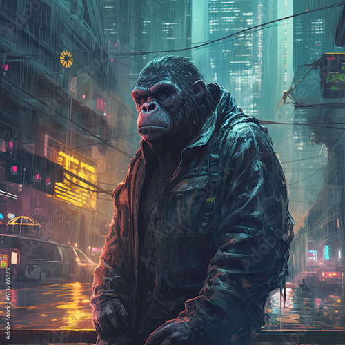 Rainy Metropolis with Cyberpunk Ape