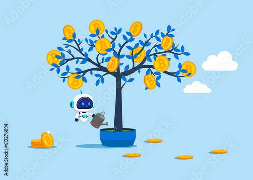 Robot with artificial intelligence finish watering growing and picking bitcoin from money tree. Financial and investment growth. Flat vector illustration