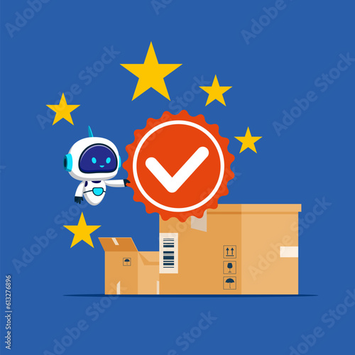 Robot with artificial intelligence with Quality Control to check quality and giving certified. Modern vector illustration in flat style
