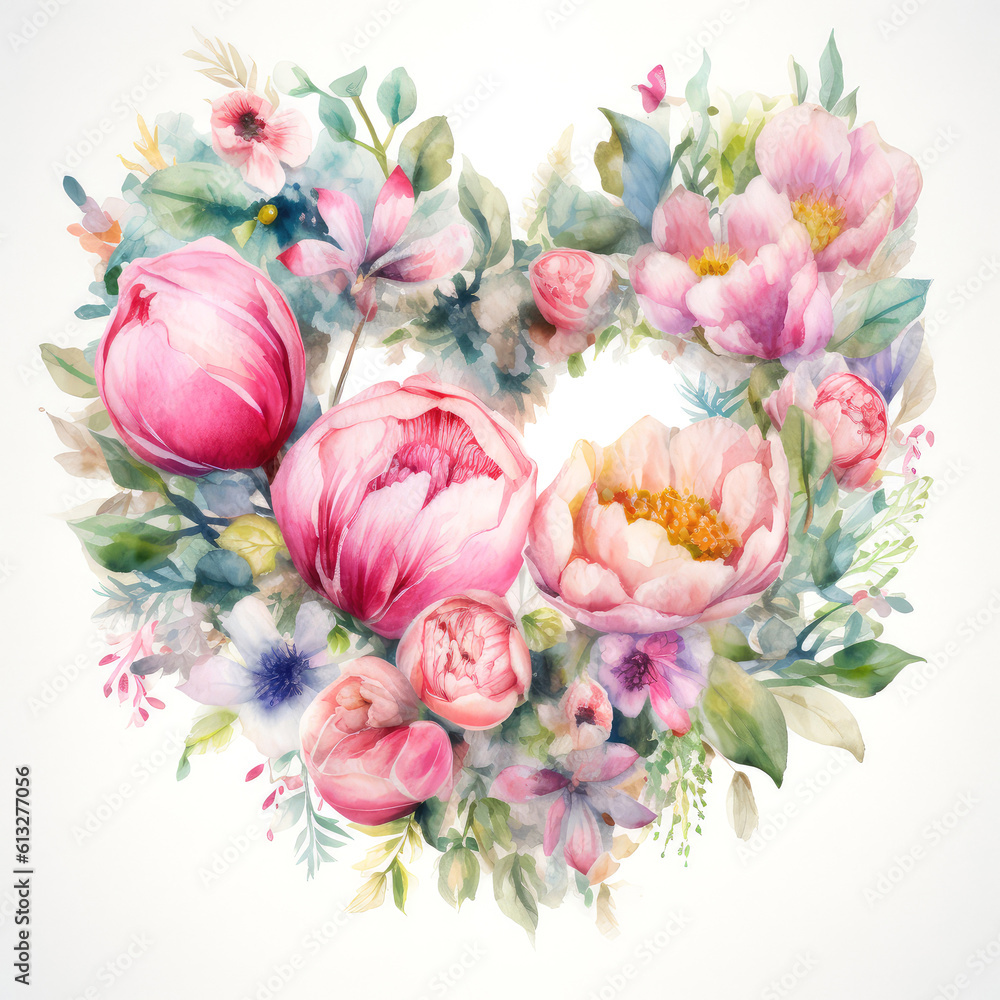 custom made wallpaper toronto digitalWatercolour peonies flowers heart wreath. AI generated