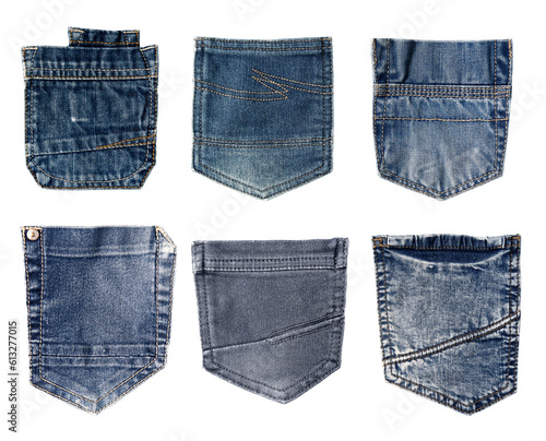 Set of different jeans pocket isolated on transparent background. Blue jeans back side pocket. Close up view denim texture, classic style fashion. PNG