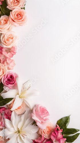 Beautiful floral border on white background  space for text. Created using ai generative.  © McKinney Photography