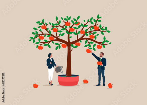 Businesspeople s picking apples from tree. Idea, Financial and investment growth. Flat vector illustration