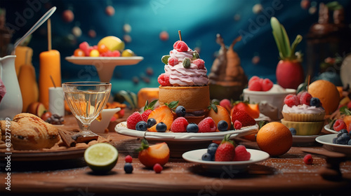 cake with fruit and cream dripping, Generative AI