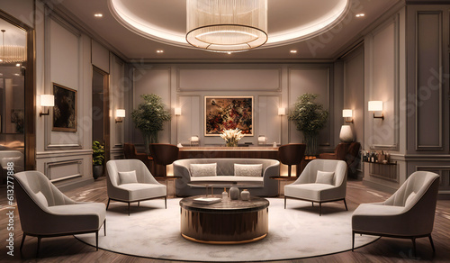 the interior of the hotel lobby has a lot of grey furniture