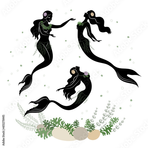 Mermaid silhouette. Beautiful girls swim in the water, dance. The lady is young and slim. Fantastic fairy tale image of algae, plants. vector illustration set.